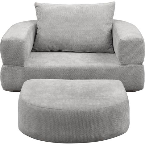 Divano letto pieghevole futon singolo in ciniglia grigio chiaro con cuscino (1/5)
