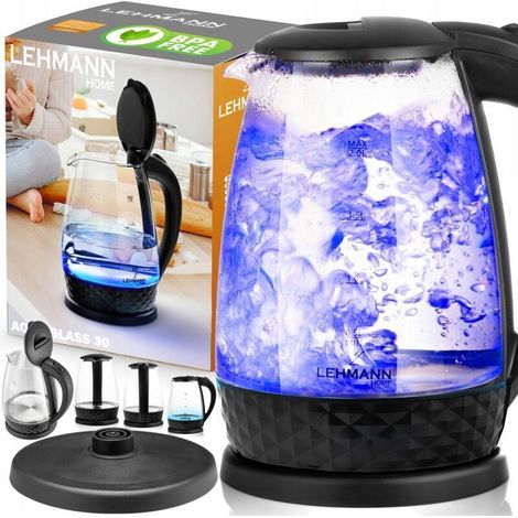 Bollitore elettrico in vetro con luce, potente (2200 W), senza fili, 2 L