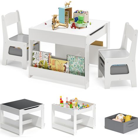 Kindertisch 61.5 x 61.5 cm mit 2 Stühlen Bealife 2 Stoffschubladen Geeignet für Lernen Spielen Malen Grau (1/5)