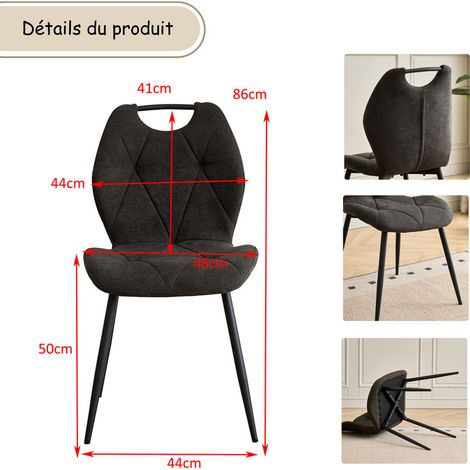 Wokaka Lot de 4 chaises - Chaise de salle à manger avec poignées -  Dossier en Tissu - Noir vintage