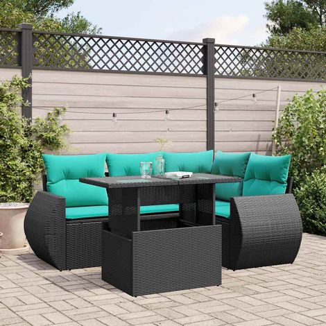 5-teiliges Gartensofa-Set mit Kissen, schwarzes Polyrattan (1/5)