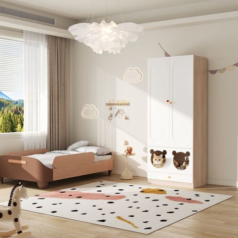 Armoire enfant 80x50x200 cm avec penderie et panier pour chat  poignées en céramique MDF Blanc et Naturel (1/5)