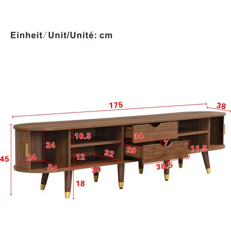 Meuble TV 175 cm, porte coulissante rotin, finition noyer, rangements multiples – table basse télé campagne MDF, étagères ouvertes, tiroirs, armoire – style naturel (1/5)