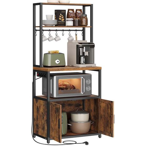Mensola da cucina con multipresa bar con piano di lavoro 40 x 60 x 170 cm di altezza supporto per microonde con 8 ganci marrone 120007995