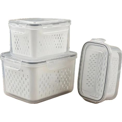 Contenedor de almacenamiento, cesta de drenaje extraíble, diseño ecológico, juego de 3 piezas GRIS (1/2)