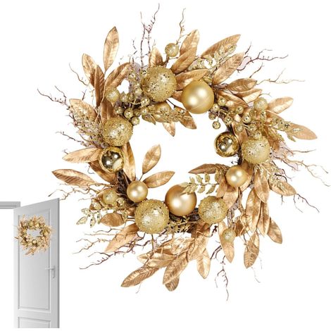 Guirlandes de Noël, Guirlande de porte de Noël - Guirlandes d'hiver 45 cm - Guirlande artificielle avec boule dorée, feuilles, décorations de Noël (1/5)