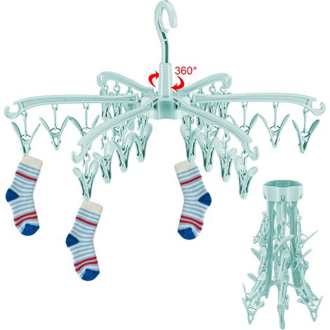 Etendoir Linge Interieur Exterieur, 24 Pinces Sechoir a Linge à Suspendre Pliable, Etendoir Chaussette Rotable, pour Couches en Tissu, Soutiens-Gorge, Serviette, sous-vêtement, Echarpe, Gants (1/5)