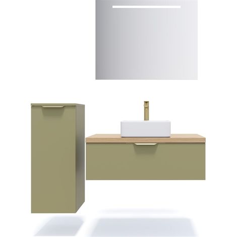 Meuble de salle de bain suspendu vasque à poser 90cm 1 tiroir Vert olive + miroir + colonne ouverture gauche - Venice (1/5)