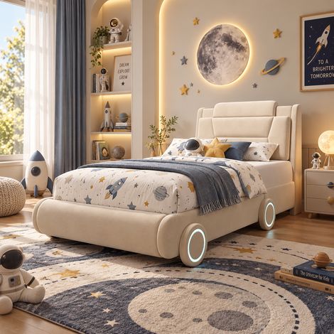 Cama infantil coche 90x200 cm tela de franela beige, cabecero regulable, sin colchón - CHICFURN (1/5)