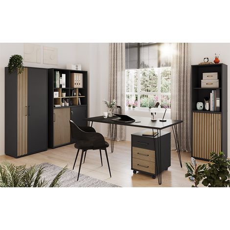 Büromöbel-Set 5-teilig mit Schreibtisch, schwarz, Akustikpaneel-Optik HUNTSVILLE-80 (1/5)