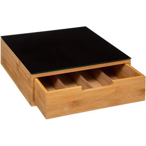 ORION91OFICIAL - Storage Drawer Organizer for Kitchen and Office, Bamboo and Black Glass, 30 x 30 x 10cm, features 8 compartments for coffee capsules, stylish and easy to clean, ideal for maintaining (1/5)