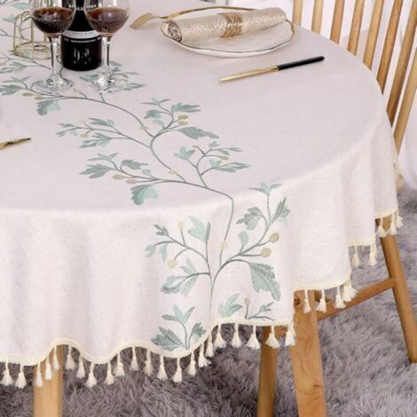 Round tablecloth 140 cm in linen and cotton anti-stain washable beige – Embroidered green leaves and tassels – For dining room and coffee table (1/5)