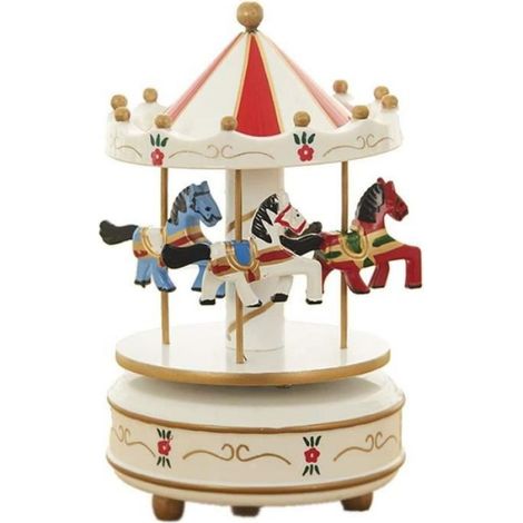 Boîte À Musique - Carrousel - Bois Naturel - Mécanisme Rotatif Avec 4 Chevaux - Mélodie Intégrée - Décoration Intérieure - 1 Pièce (1/4)