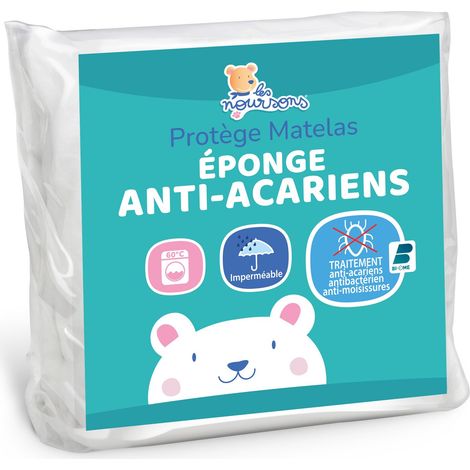 Protège-matelas bébé 70x140 cm – Alèse imperméable 100% coton – Traitement Bi-Ome contre acariens – Silencieux et extensible jusqu'à 14 cm – Les Noursons (1/5)