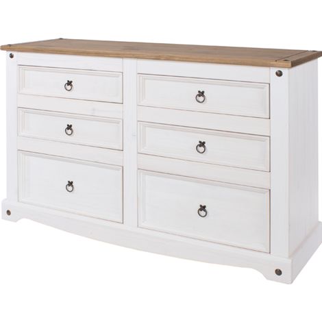Corona 3+3 Drawer Wide Chest - Pine /Particle Board - 132.1 x 43 x 83.4 cm - White Wax/Antique Waxed Pine