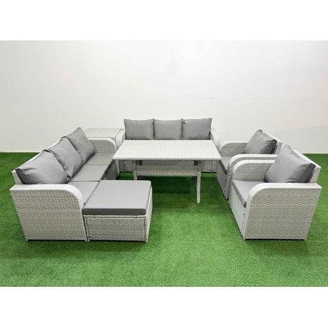 Fimous PE Rattan High Back Lounge Sofa Set Patio Rectangular Dining Table & Chairs Set with 3 Seater Sofa Reclining Chair Big Footstool Side Table Light Grey (1/4)