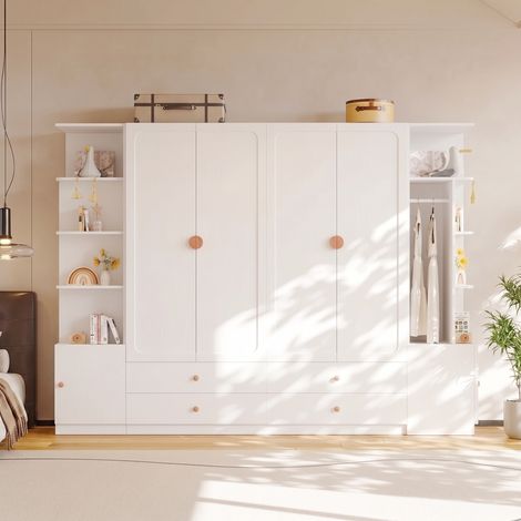 Penderie 6 portes blanche 270 ×45 ×200 cm, armoire rotative multifonction avec 4 tringles,4 tiroirs et grand espace de rangement design moderne pour chambre (1/5)