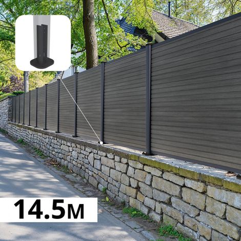Kit Clôture Composite sur Muret SANTOS Ardoise 14,5x1,2m - Bois composite & Aluminium - Poteaux sur Platines Gris - Brise vue