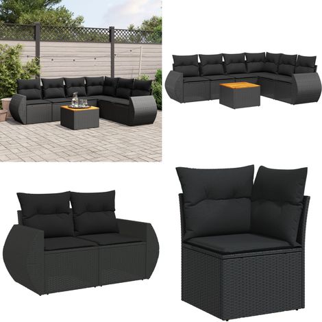 Salon de jardin 7 pcs avec coussins noir résine tressée - Ensemble Salon De Jardin - Meuble De Jardin - Canapé Extérieur - Fauteuil Jardin - Table Basse Jardin - Home & Living (1/5)