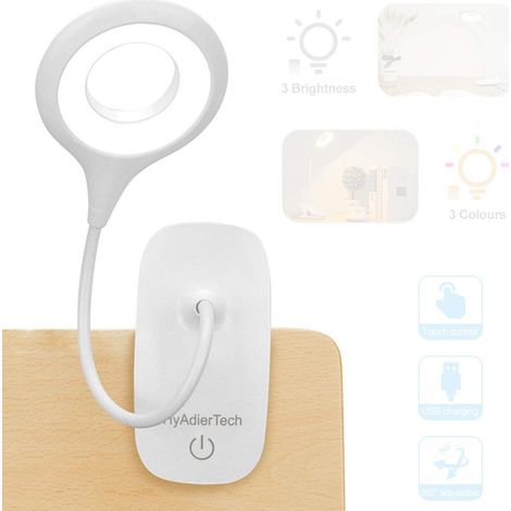 Lampe de Bureau à LED, Lampe de Lecture à Pince Rechargeable USB Câble, 3 Niveaux de Luminosité, pour Lire des Livres, Bureau, Maison, Enfant, Chevet (1/5)
