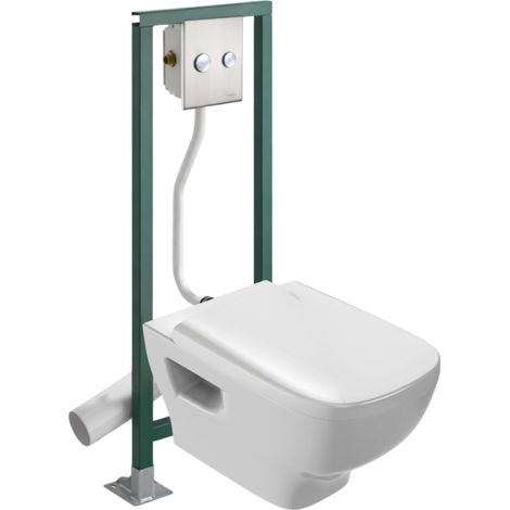 Pack inodoro suspendido sin reborde JACOB DELAFON Struktura + Asiento + Estructura autoportante PRESTO + Placa de accionamiento cromada