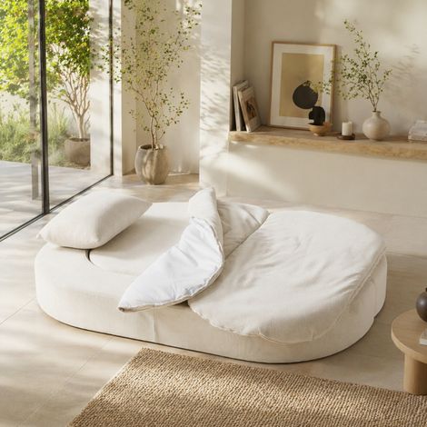 Sofá Cama Plegable 3 en 1, Sillón de Suelo y Colchón Auxiliar, Funda Desmontable, Franela Blanco Roto (1/5)