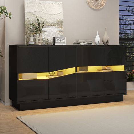 Buffet 140 x 35 x 70 cm Bahut 4 portes éclairage LED finition brillante noir fermeture par bouton-poussoir rangement vaisselle (1/5)