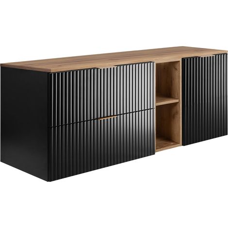 Set da bagno: mobile con cassetti, mobile con ante e ripiano 57×46×140 cm, colore: nero / Rovere Craft, maniglia oro (1/5)