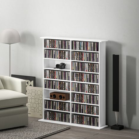 CD- und DVD-Aufbewahrungsschrank mit 16 Fächern und 12 verstellbaren Einlegeböden, maximale Kapazität 720 CDs/396 DVDs und Blu-rays, weiß