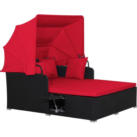 Outdoor Hand-Woven PE Wicker Daybed Patio Loveseat Sofa Set Retractable Canopy (1/5)