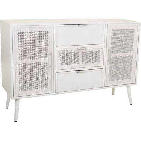 Buffet blanc en bois et bambou esprit scandinave élégant - blanc et bambou naturel (1/5)