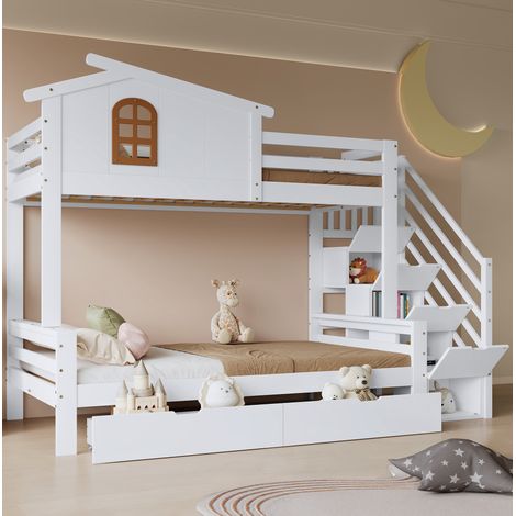 Lit superposé enfant 90x200 cm en bois massif et MDF blanc/naturel, avec 2 tiroirs et escalier d’angle (1/5)