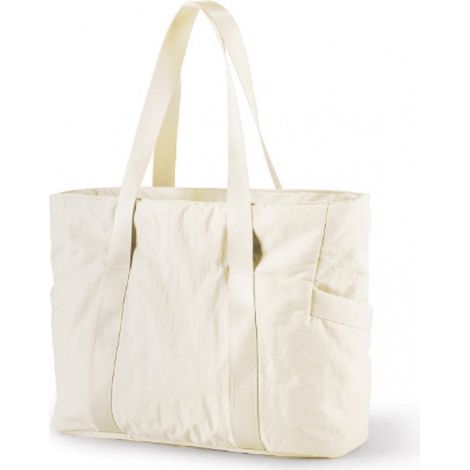 Sac à main femme zippé, grand sac cabas en polyester avec compartiment pour ordinateur portable, idéal pour le travail, la salle de sport, le yoga ou les voyages, blanc cassé, 39 x 15,5 x 31 cm (1/5)