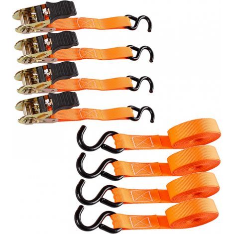 4 sangles à cliquet orange de 800 kg, 5 m, avec tendeur à cliquet, pour déplacer des véhicules, des remorques et des vélos. (1/5)