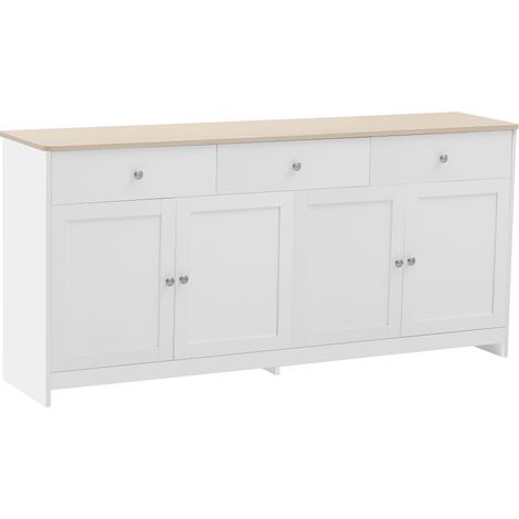 Credenza sideboard bianca con effetto legno, 4 ante e 3 cassetti, 160 cm (1/5)