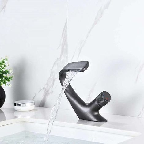 Robinet Cascade pour Lavabo à Dessus en Laiton Massif, Gris – Robinet Salle de Bain à Débit Cascade (sans tube d'alimentation) (1/5)