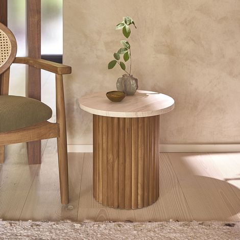 Table d'appoint en teck massif et marbre ronde (1/5)