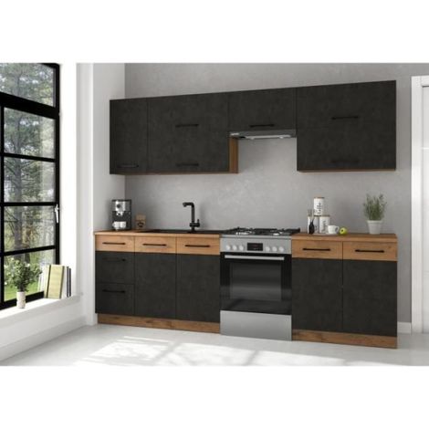 Cuisine complète 7 éléments – Décor chêne lancelot et gris matera – Dimensions L260 x P52 x H82 cm – Plan de travail non inclus (1/4)