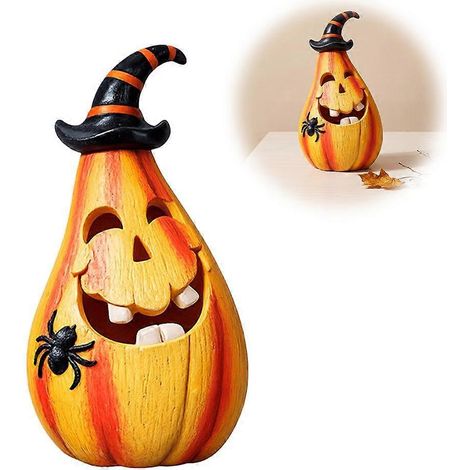 Halloween Pumpkin Ornament Resin Figurine Glowing Effect Wizard Hat For Mantel Decor (1/5)