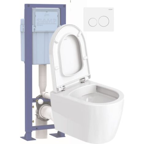 Pack inodoro compacto de pared sin llanta DURAVIT Me by Starck con asiento anticaída + Estructura soporte SIAMP + Mando blanco