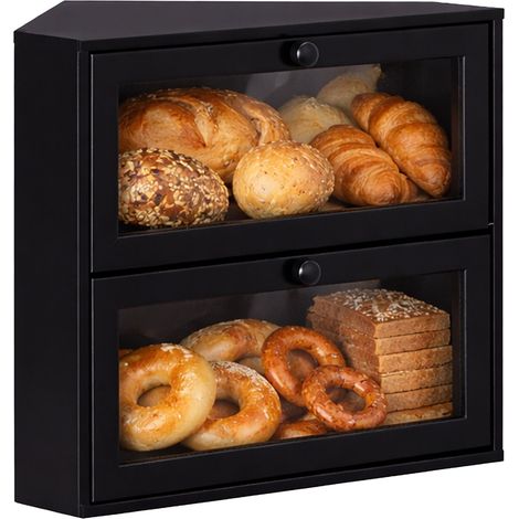 Boîte à pain d'angle Relaxdays en bambou, 2 étages, tiroir avec fenêtre, H x L x P: 35 x 40 x 27,5 cm, compacte, noire (1/5)