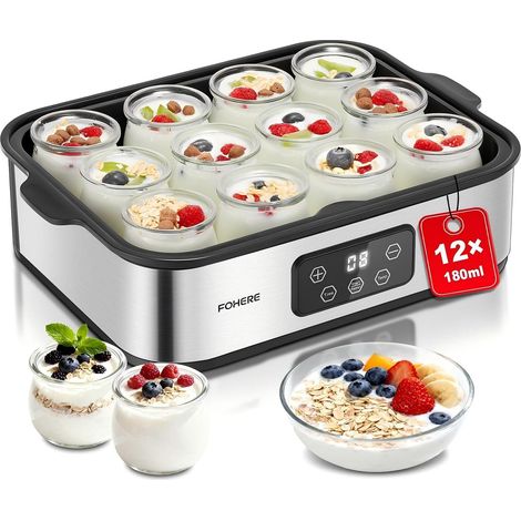 Yaourtière 12 pots 180 ml, 25W Machine à Yaourt Maison, Programmable, Ecran LCD, Corps en Acier Inoxydable, Sans BPA, Compatible au lave vaisselle, Arrêt Automatique (1/5)