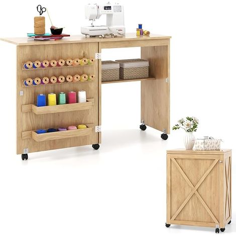 COSTWAY Tavolo per Macchina da Cucire Pieghevole, Armadietto per Cucito con Ripiano di Stoccaggio, 2 Vassoi, 18 Ganci, Porta a Impacchettamento e 5 Ruote Bloccabili per Spazi Ridotti (Legno) (1/5)
