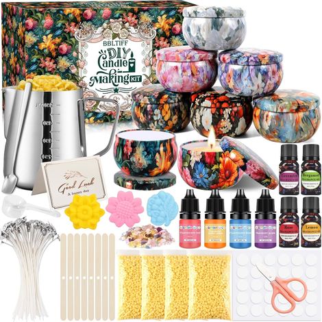 Kit Bougie a Faire Soi Meme Adulte, Kit Fabrication Bougie, Avec 480g de Cire d'abeille, 8 Pot de Bougie, 4 Essences de Couleurs et 4 Parfums, pour Des Débutants à Avancés