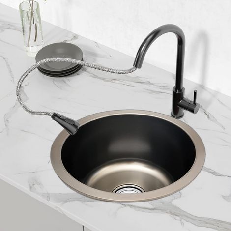 Évier rond, en acier inoxydable, diamètre : 36 cm, montage en saillie, rond, avec trop-plein, kit de siphon (évier rond de 18 cm de haut) (1/5)