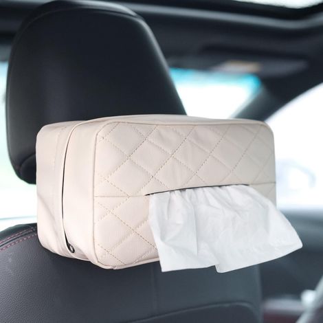 Lntyq Support de mouchoirs de Voiture en Cuir synthétique, pour appuie-tête de siège de Voiture, boîte à mouchoirs à Suspendre pour Voiture Universelle (Beige) (1/3)