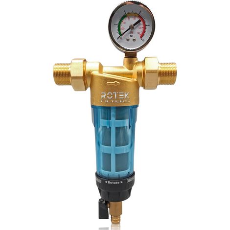 Rosmmel – Préfiltre à eau autonettoyant en laiton – Manomètre intégré – Maille inox 40 microns – Raccords 1” et 3/4” – Débit jusqu’à 3000 L/h (1/5)