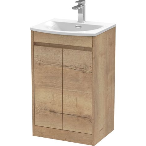 Chartley Contemporary Floor Standing 2 Door Vanity Basin Unit, Curved Basin, 500mm, Autumn Oak (1/4)