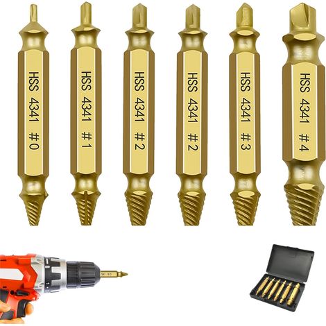 6 Pièces Extracteur de Vis, Extracteur Vis Endommagées Cassée en Acier HSS 4341 Plaqué Titane, Coffret Outils pour Extraction Vis Rouillées ou Cassées, Retrait Boulons et Vis Défectueux (1/5)
