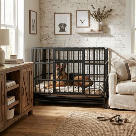 Jaula para perros de acero reforzado 120 x 75,7 x 92 cm con ruedas y bandeja extraíble OKWISH (1/5)